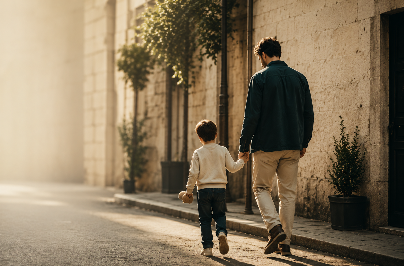 A father and child walking hand in hand